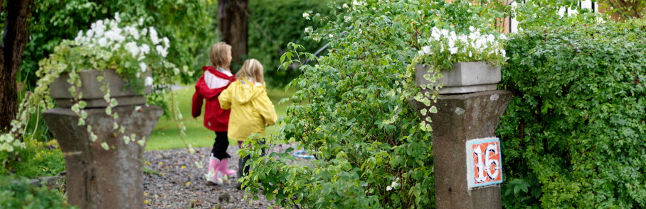 Lummig trädgård och två barn som leker i regn