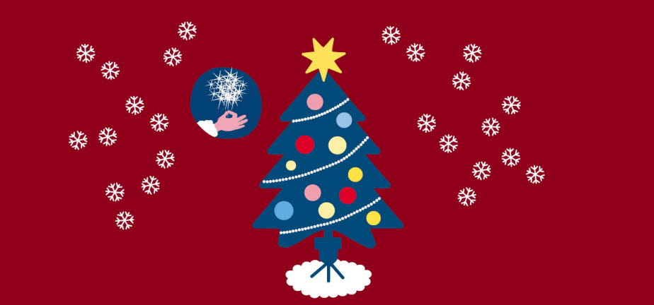 Illustration av julgran, snöflingor och hand med tomtebloss.