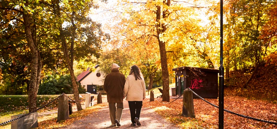 Äldre par promenerar i Edsbergsparken