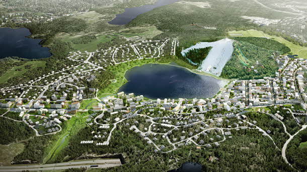 Arkitekt illustration med sjön Väsjön centralt  Norra Väsjön i förgrunden och Väsjöbacken med lite snö i en i övrigt grönskande bild.